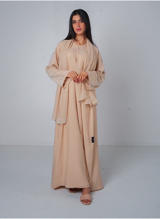 JAMEELA Cream Pearl Embellishment Open Abaya 3 pieces Set - Image 1