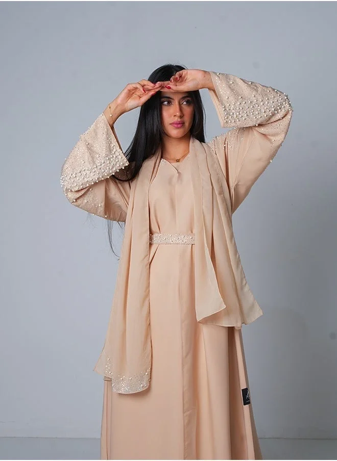 جميلة Cream Pearl Embellishment Open Abaya 3 pieces Set