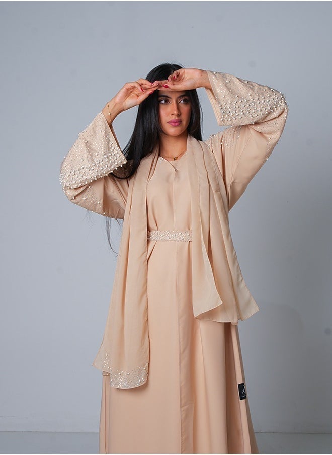 JAMEELA Cream Pearl Embellishment Open Abaya 3 pieces Set - Image 3