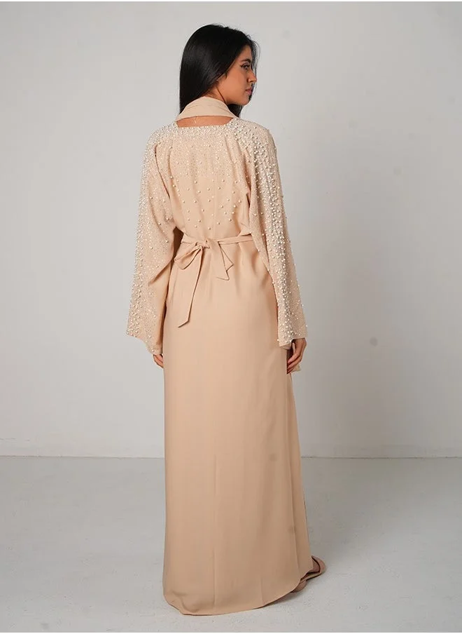 جميلة Cream Pearl Embellishment Open Abaya 3 pieces Set