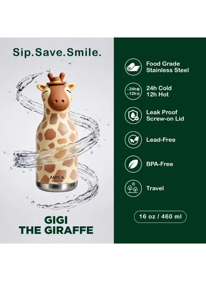 Amica Kids Insulated Water Bottle Kids Water Bottle 460ml Insulated Stainless Steel Gigi the Giraffe - AMICA STUDIO  | Best Price UAE
