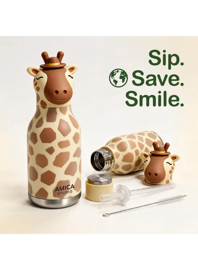 Amica Kids Insulated Water Bottle Kids Water Bottle 460ml Insulated Stainless Steel Gigi the Giraffe - AMICA STUDIO  | Best Price UAE