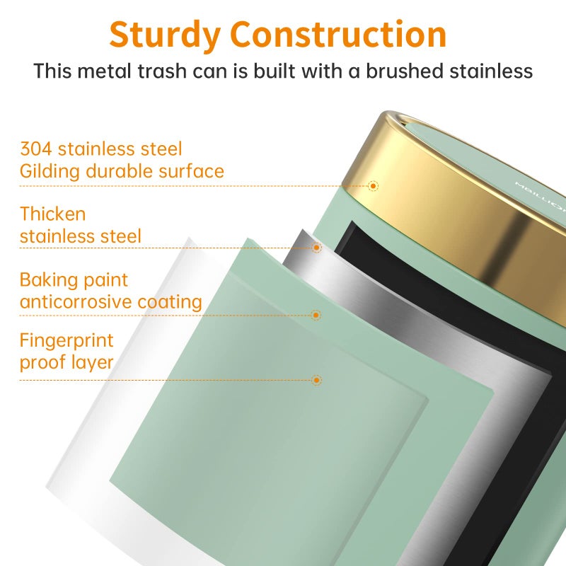 Mbillion Mini Trash Can with Lid, Desktop Small Trash Can Recycling Bin Cute Metal Garbage Can for Tabletop Countertop Use,Stainless Steel 0.4Gal/1.5L Waste Bin for Office Parlor Car Bedroom,Light Green - Image 3