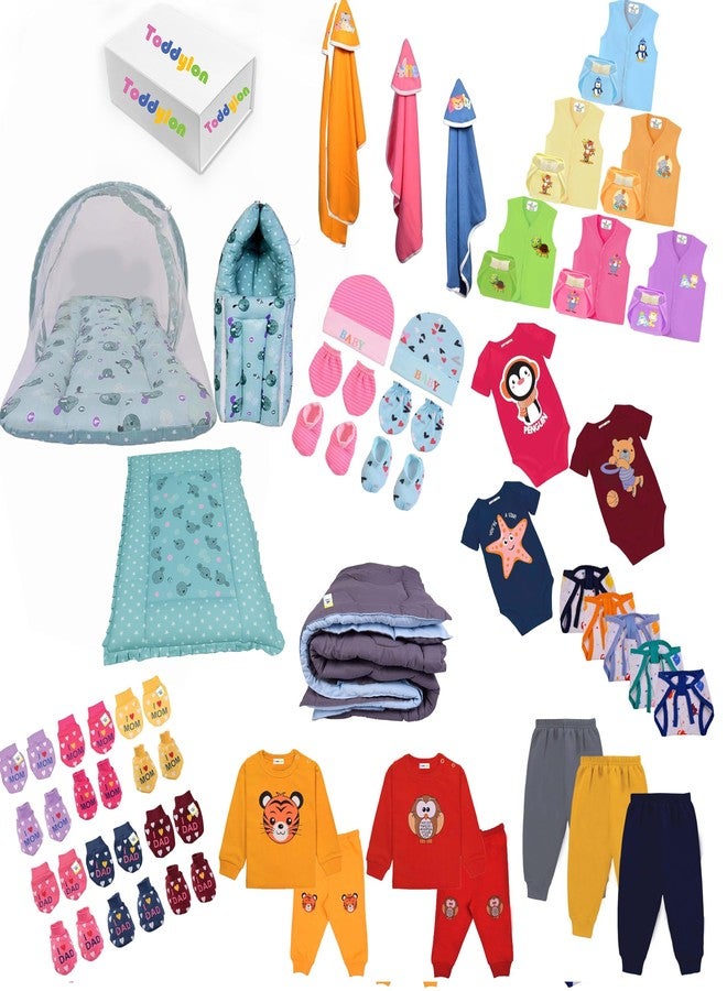 Toddylon 56 in 1 Newborn Baby Products All Cotton Gift Packs Essential Items Combo | Baby Bed | Clothing Set | Baby Grooming | Infants Kit (0-6 Months) Green - Image 1