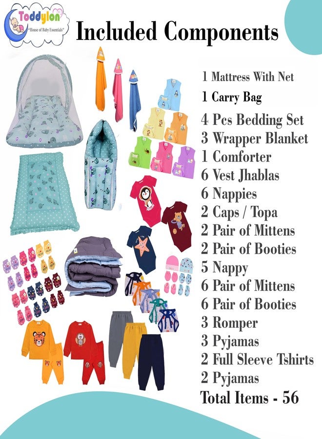 Toddylon 56 in 1 Newborn Baby Products All Cotton Gift Packs Essential Items Combo | Baby Bed | Clothing Set | Baby Grooming | Infants Kit (0-6 Months) Green - Image 3
