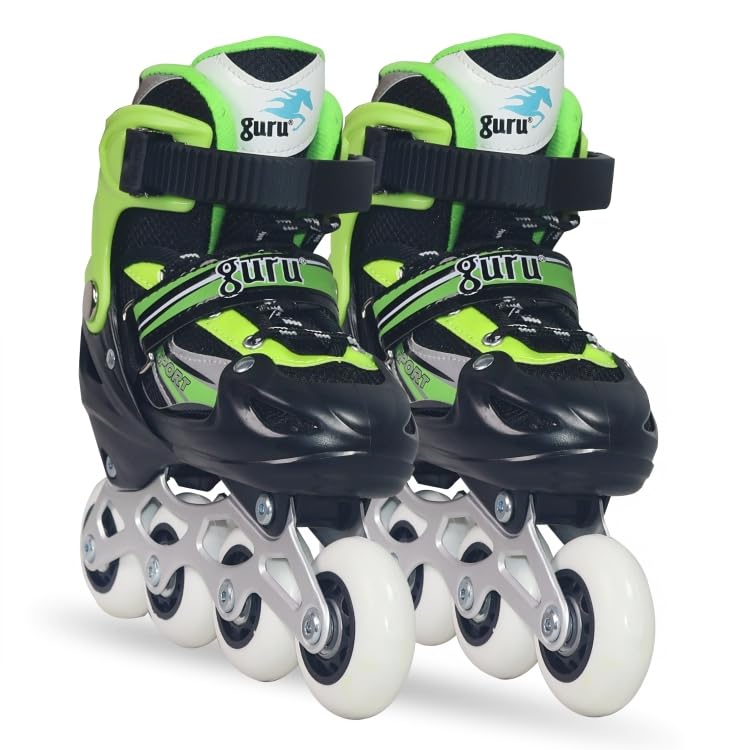 GURU Inline Skates, Inline Skates 4 Wheels 64mm for Kids & Adults Medium Size in-line Skates - Size 34-37 Euro (Green) - Image 1