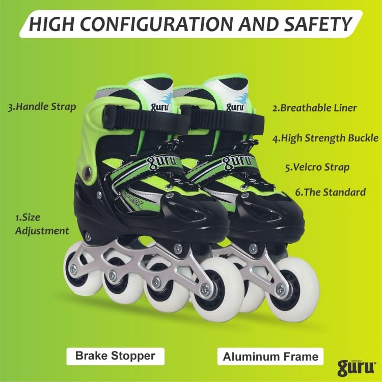 GURU Inline Skates, Inline Skates 4 Wheels 64mm for Kids & Adults Medium Size in-line Skates - Size 34-37 Euro (Green) - Image 3