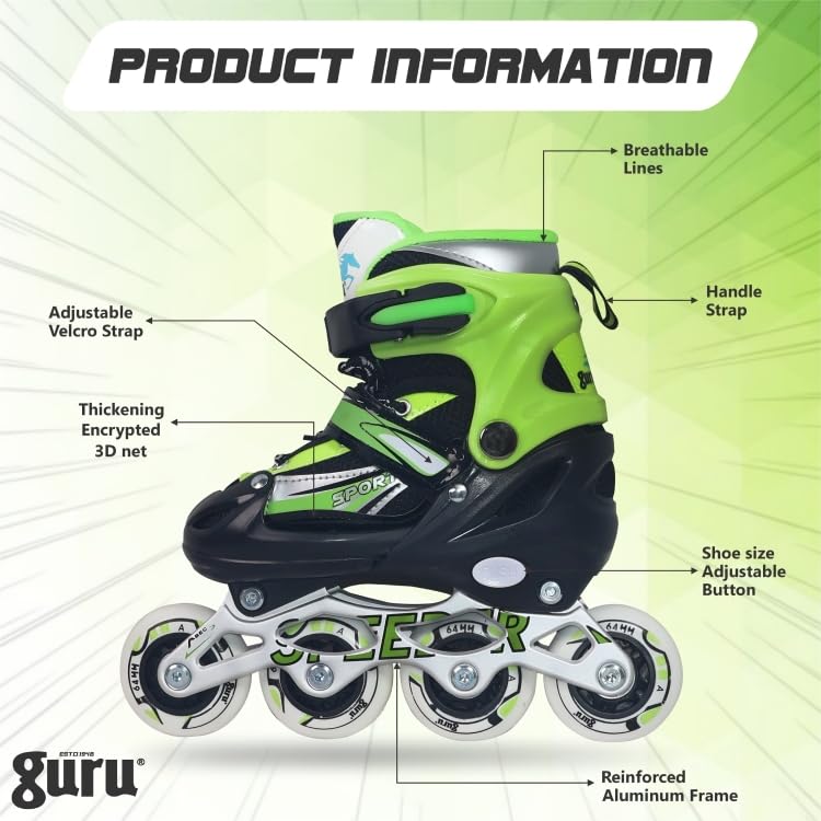 GURU Inline Skates, Inline Skates 4 Wheels 64mm for Kids & Adults Medium Size in-line Skates - Size 34-37 Euro (Green) - Image 2