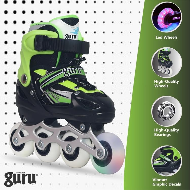 GURU Inline Skates, Inline Skates 4 Wheels 64mm for Kids & Adults Medium Size in-line Skates - Size 34-37 Euro (Green) - Image 4