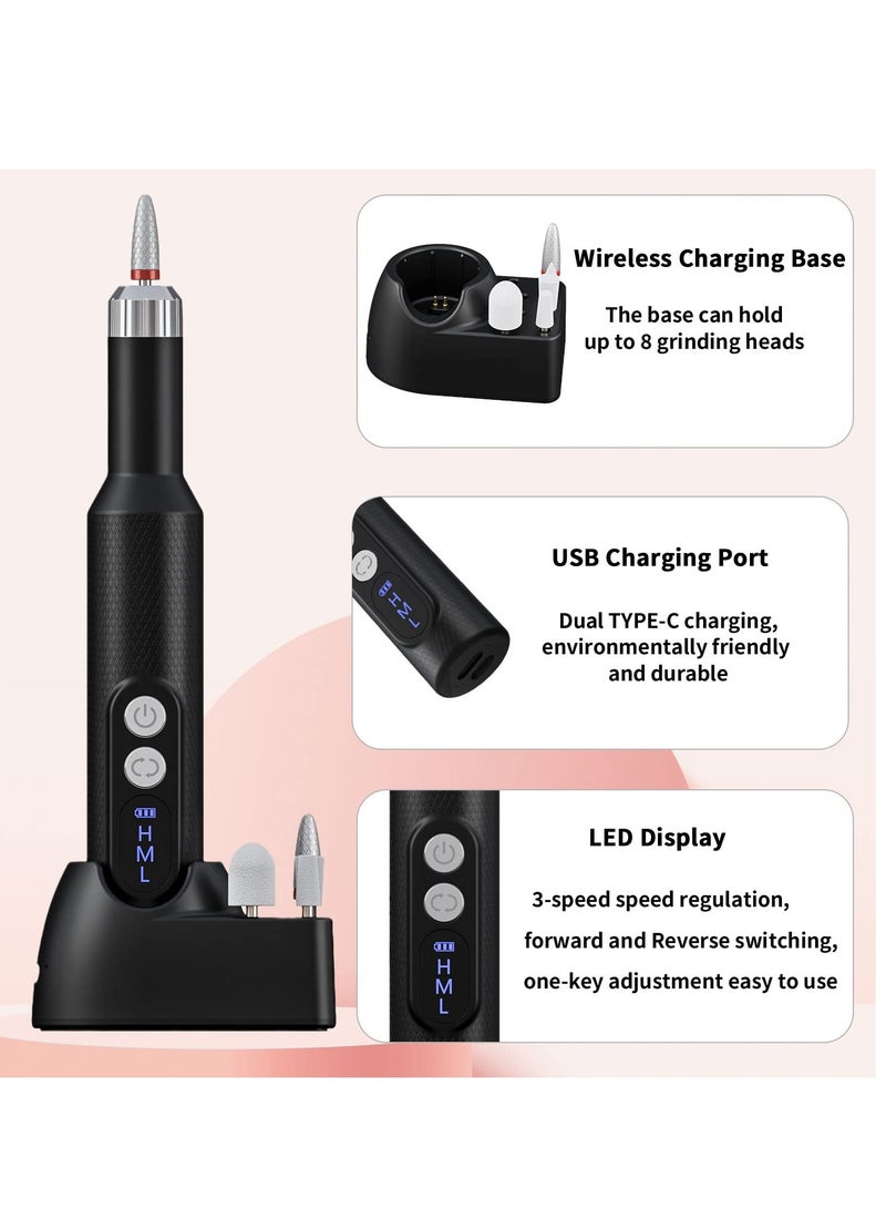 Cordless Electric Nail Drill and Pedicure Polishing, Portable Professional Rechargeable Efile Nail File Machine, Black - Image 2