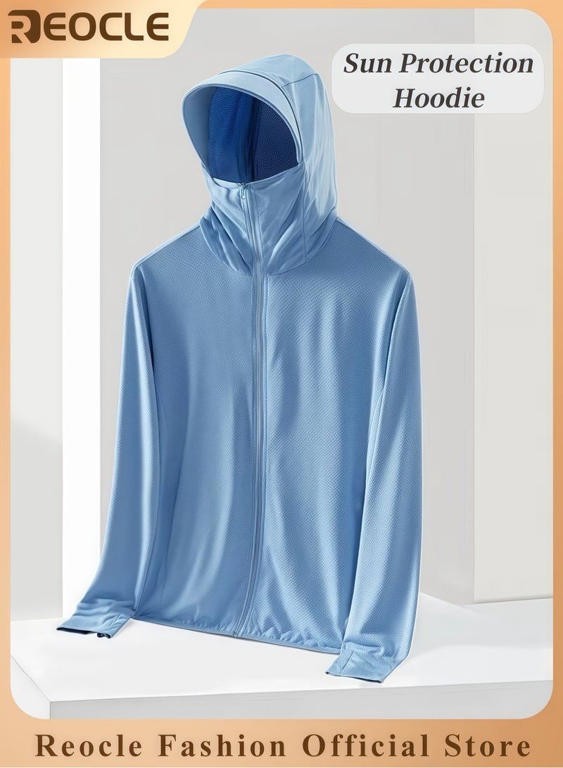REOCLE Men's Lightweight Sun Protection Clothing Long-sleeved Ice Silk Hooded Shirts Anti-UV Fishing Outdoor Clothes for Men - Image 1