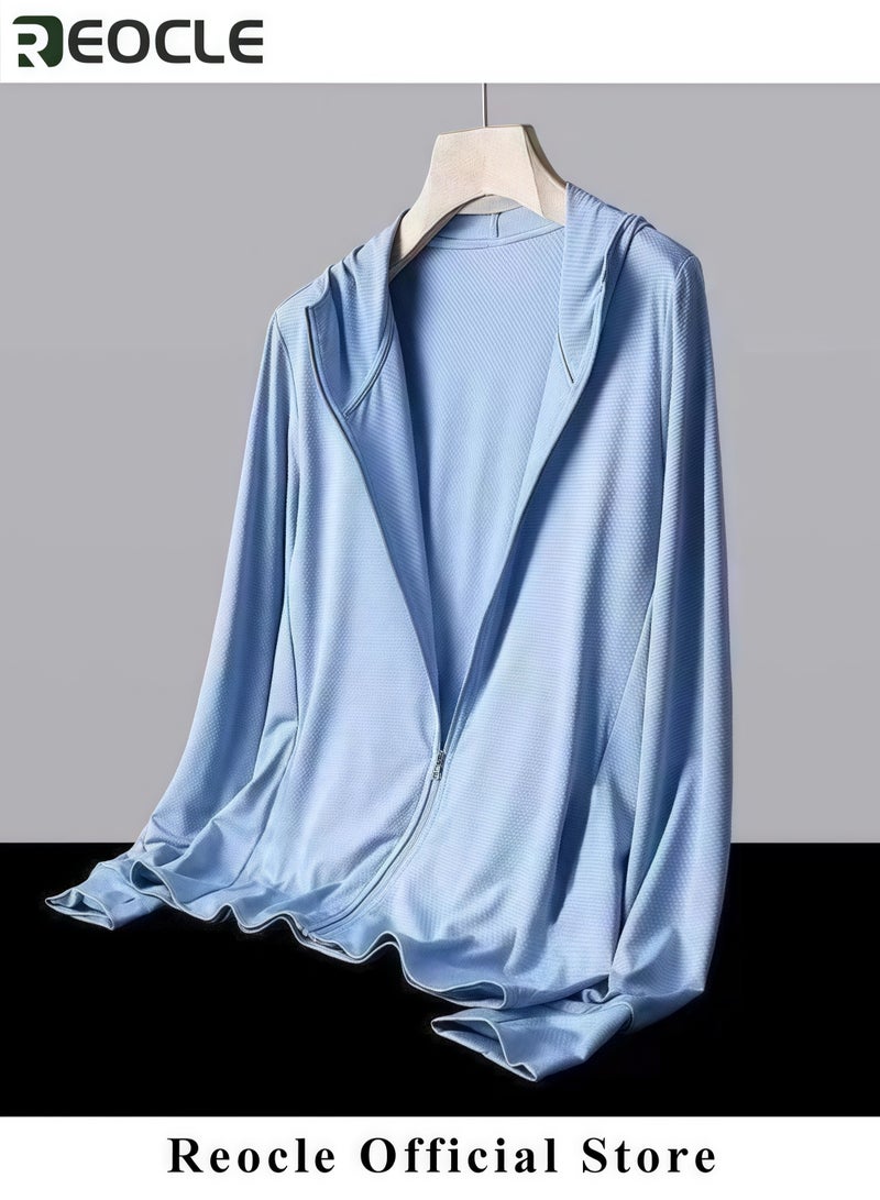 REOCLE Men's Lightweight Sun Protection Clothing Long-sleeved Ice Silk Hooded Shirts Anti-UV Fishing Outdoor Clothes for Men - Image 5