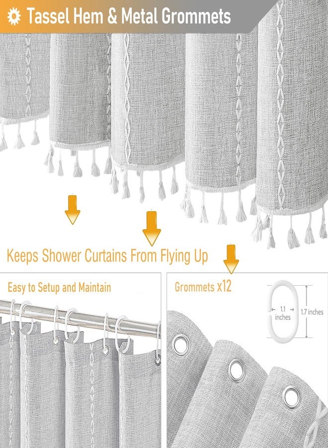 BTTN Extra Long Shower Curtain - 72x84 Long Boho Chic Striped Tassel Linen Fabric Shower Curtain Set with Hooks, Tall Modern Farmhouse Cute Heavy Duty Cloth Shower Curtains for Bathroom - Grey/Gray - Image 5