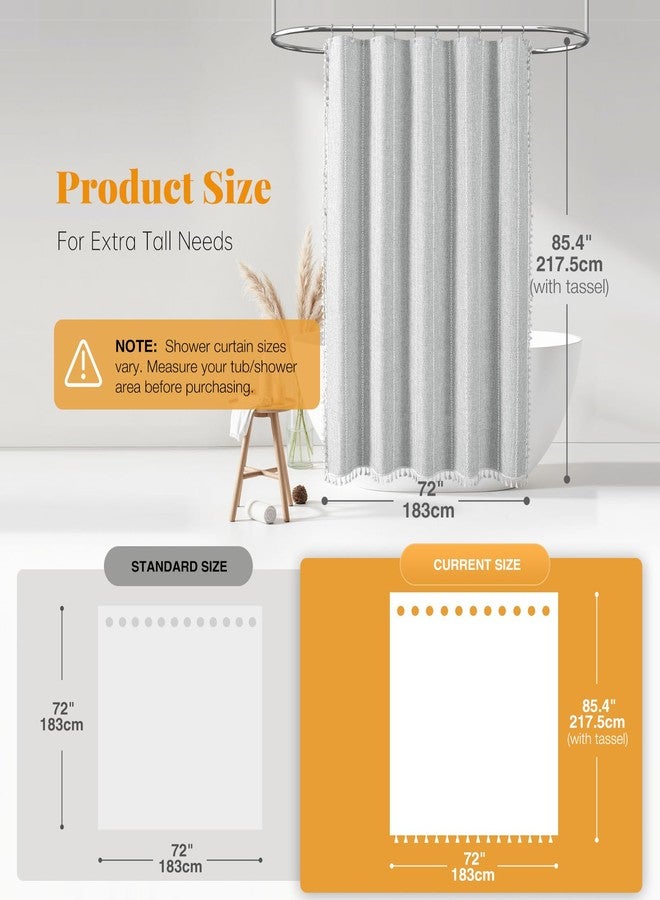 BTTN Extra Long Shower Curtain - 72x84 Long Boho Chic Striped Tassel Linen Fabric Shower Curtain Set with Hooks, Tall Modern Farmhouse Cute Heavy Duty Cloth Shower Curtains for Bathroom - Grey/Gray - Image 3