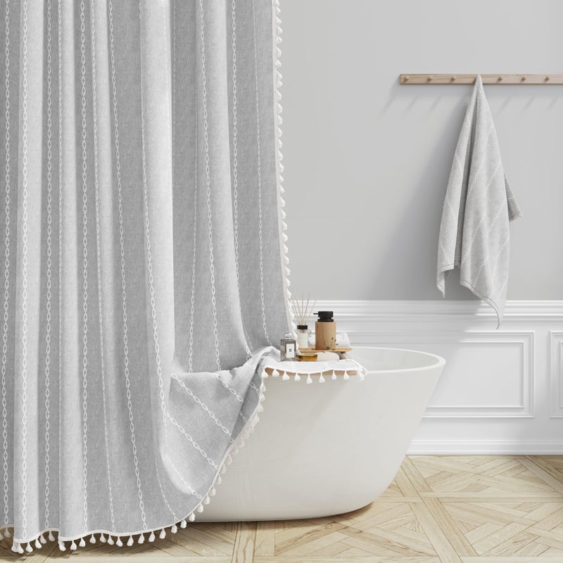 BTTN Extra Long Shower Curtain - 72x84 Long Boho Chic Striped Tassel Linen Fabric Shower Curtain Set with Hooks, Tall Modern Farmhouse Cute Heavy Duty Cloth Shower Curtains for Bathroom - Grey/Gray - Image 1