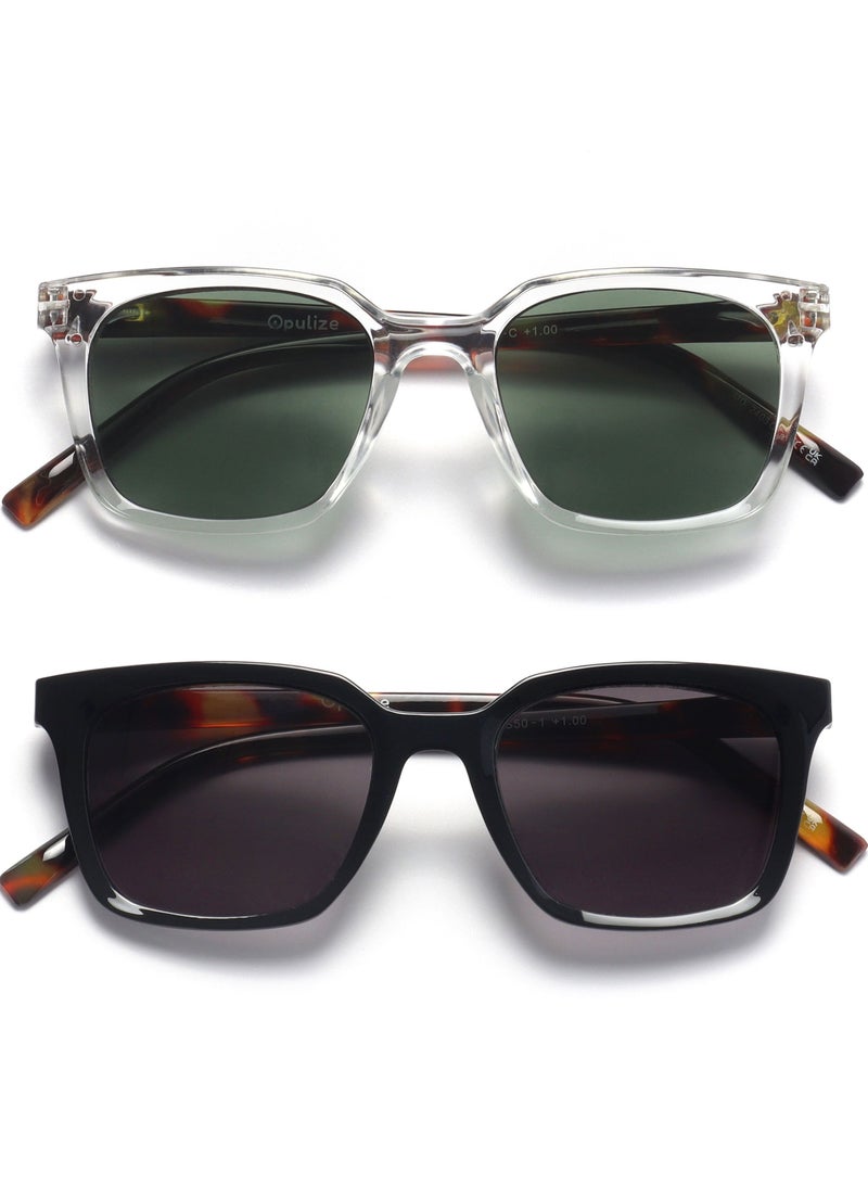 OPULIZE KOI Reading Sunglasses for Women Men,Scratch Resistant Large Rectangular frame with Spring Hinges Tinted lens UV400, Black, Clear +1.5 (Pack of 2) - Image 1