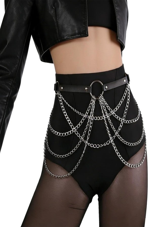 Gallipower Black Punk Waist Chain Belt,Punk Body Chain Jewelry for Women,Goth Costume Accessories,PU Leather Adjustable Body Jewelry for Women Party Gifts Ladies(Fits Waist 29.92IN-39.76IN) - Image 1