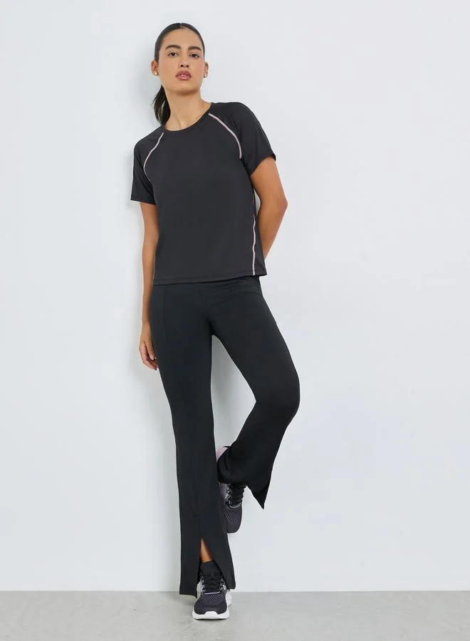 Styli Active Black Contrast Stitch Detail Short Sleeves Top