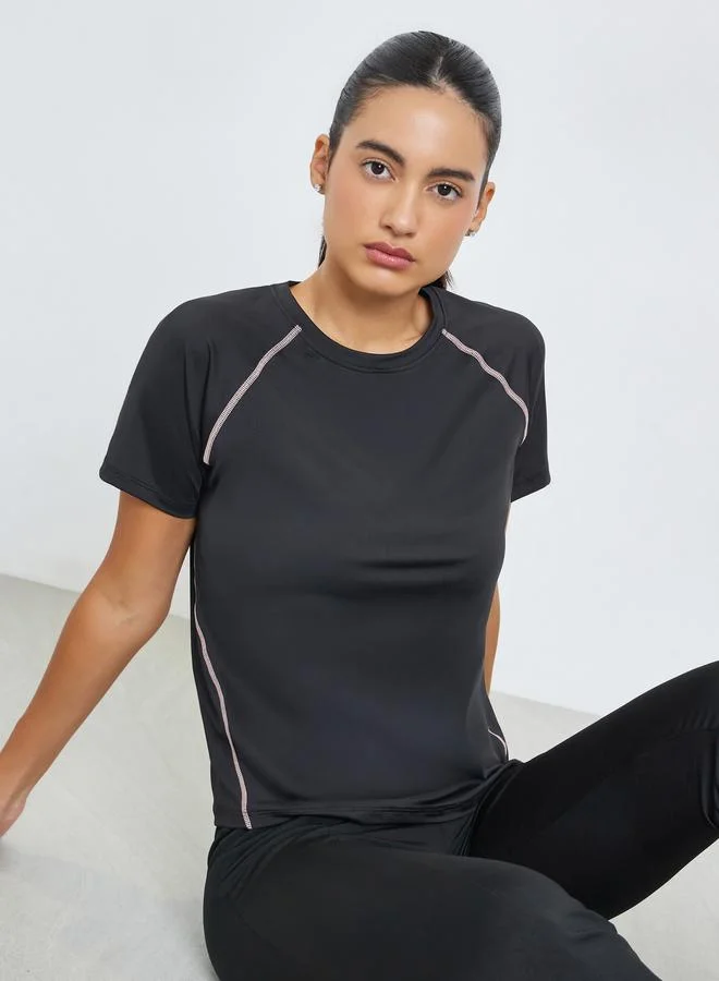 Styli Active Black Contrast Stitch Detail Short Sleeves Top