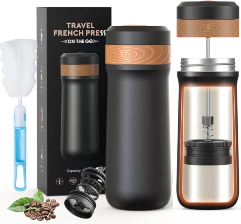 كوب قهوة فرنسي كلاسيكي محمول سعة 12 أونصة مع حلقة حمل، مصنوع من الفولاذ المقاوم للصدأ، خالٍ من مادة BPA، مثالي للتخييم والسفر