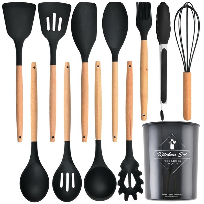 KITCHEN UTENSILS SETKITCHEN COOKING UTENSILS SETSPOONSPATULA446 HEAT RESISTANT 12PCS NONSTICK FOOD GRADE SILICONE AND WOODEN HANDLESKITCHEN TOOLS SETBLACK