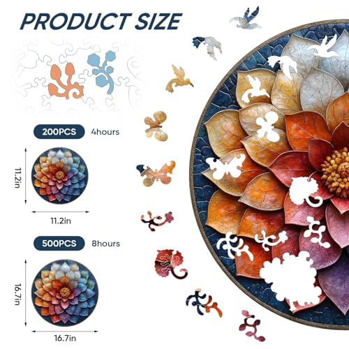 Qiuenisray Wooden Puzzles for Adults Mandala Flower Jigsaw Puzzles for Woman 200 Pieces FSC Certified Beautiful Wall Decor Unique Shaped Plant Puzzle Piece Gift for Family Game 112x112 in - Image 5
