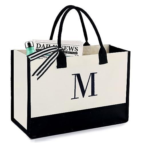 BeeGreen Embroidery Canvas Tote Bag Monogram Personalized Gift Bag for Birthday Beach Work Wedding Gifts Baskets for Women Teacher Mom Friend Coworkers Sister Nurse Cute Initial Totes Cool (Letter M) - Image 1