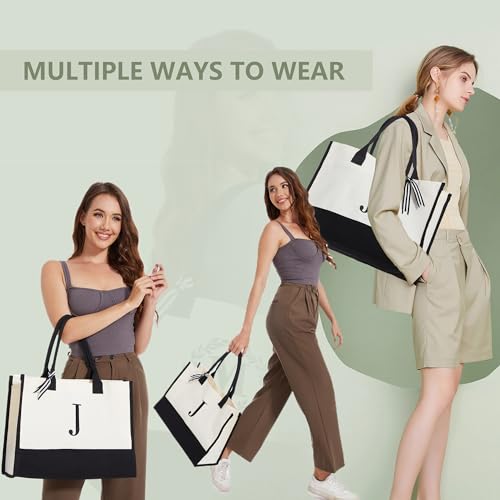 BeeGreen Embroidery Canvas Tote Bag Monogram Personalized Gift Bag for Birthday Beach Work Wedding Gifts Baskets for Women Teacher Mom Friend Coworkers Sister Nurse Cute Initial Totes Cool (Letter M) - Image 5