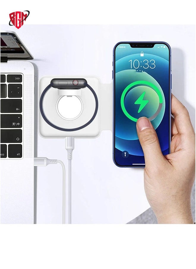 BGM - 2 in 1 Wireless Charger, 15W Qi Fast Dual Magnetic Wireless Charging Pad [for Magsafe Charging], Foldable PU Wireless Charger Station for iPhone 12/12 Pro/12 Pro Max/Mini/11/X/XR/S20/Airpods/iWatch - Image 1