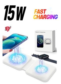 2 in 1 Wireless Charger, 15W Qi Fast Dual Magnetic Wireless Charging Pad [for Magsafe Charging], Foldable PU Wireless Charger Station for iPhone 12/12 Pro/12 Pro Max/Mini/11/X/XR/S20/Airpods/iWatch