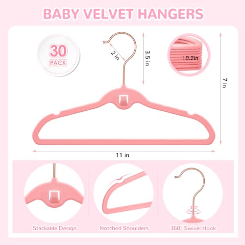 STOPKLAS Baby Velvet Stackable Hangers 30 Pack, 11 Inches Pink Kids Clothes Hangers for Closet, Non Slip Toddler Infant Hanger for Nursery, Thin Space Saving Children Felt Hanger with 360° Swivel Hooks - Image 2