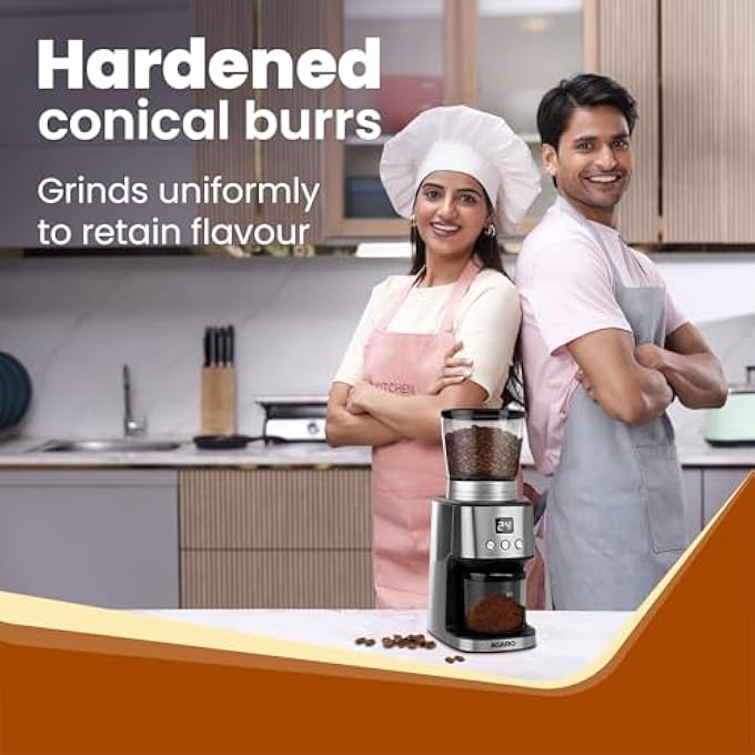 AGARO Supreme Coffee Grinder Conical Burr Grinder 31 Grinding Settings Pulse Mode Adjustable Digital Timer Single Dose Grinder For Espresso Filter Dripper Moca Espresso Silver - Image 2