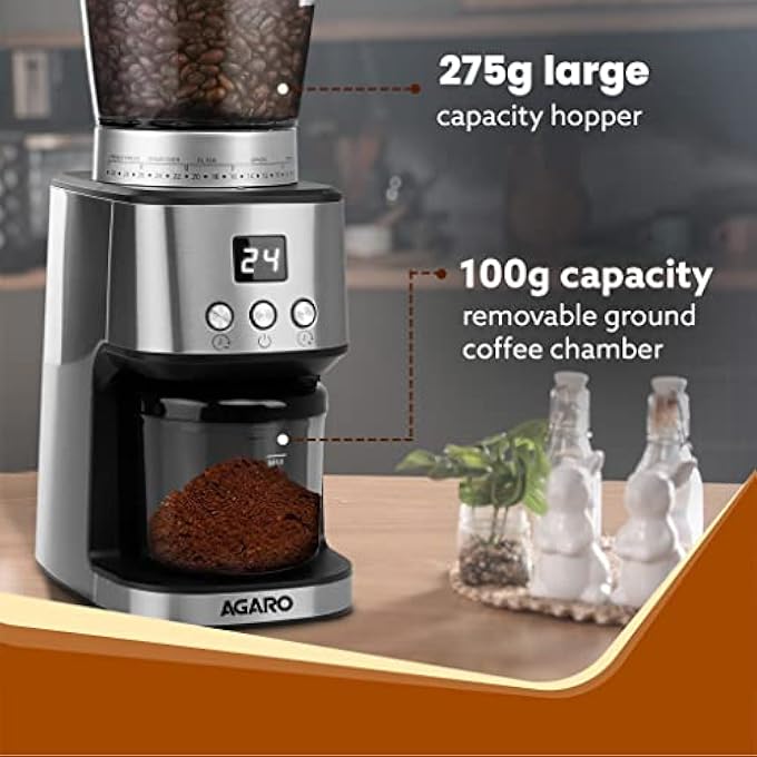 AGARO Supreme Coffee Grinder Conical Burr Grinder 31 Grinding Settings Pulse Mode Adjustable Digital Timer Single Dose Grinder For Espresso Filter Dripper Moca Espresso Silver - Image 5