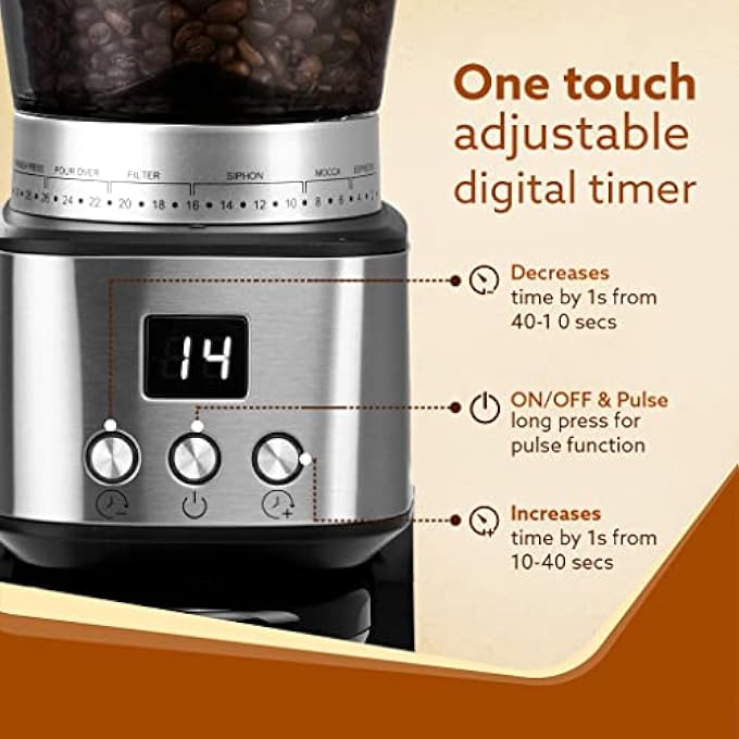 AGARO Supreme Coffee Grinder Conical Burr Grinder 31 Grinding Settings Pulse Mode Adjustable Digital Timer Single Dose Grinder For Espresso Filter Dripper Moca Espresso Silver - Image 4