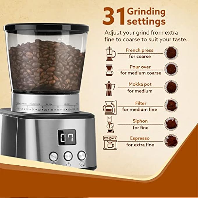 AGARO Supreme Coffee Grinder Conical Burr Grinder 31 Grinding Settings Pulse Mode Adjustable Digital Timer Single Dose Grinder For Espresso Filter Dripper Moca Espresso Silver - Image 3