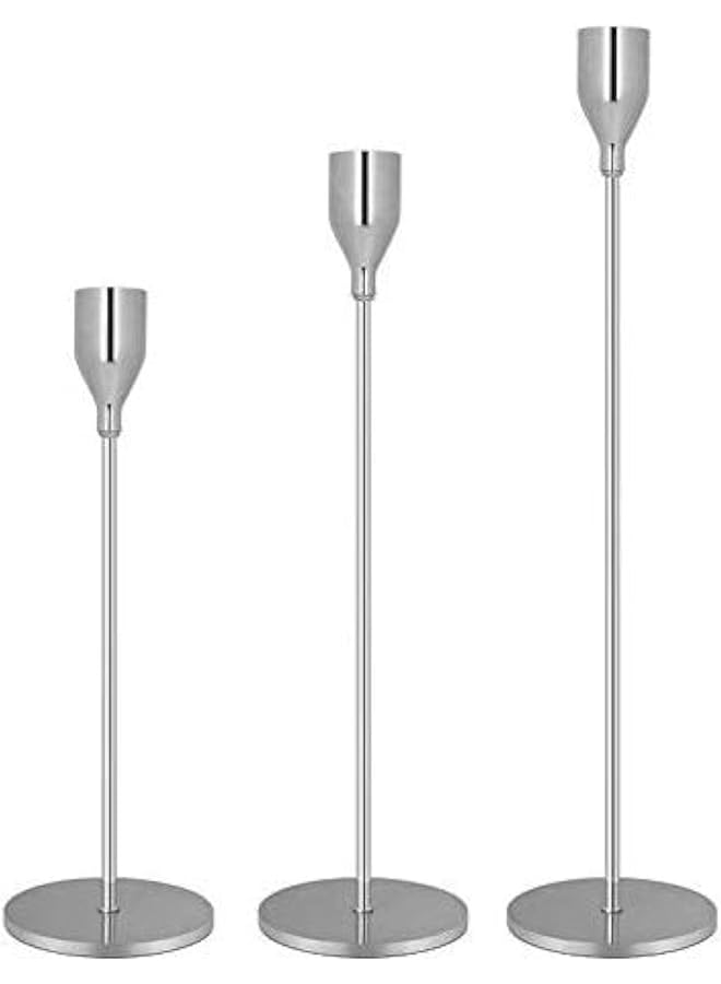 The Bros حاملات الشموع لشموع الشمعة مجموعة من 3 حاملات شموع زخرفية لحفلات الزفاف، العشاء، الحفلات تناسب شموع بسمك 3/4 بوصة و شموع LED (فضي) - Image 1