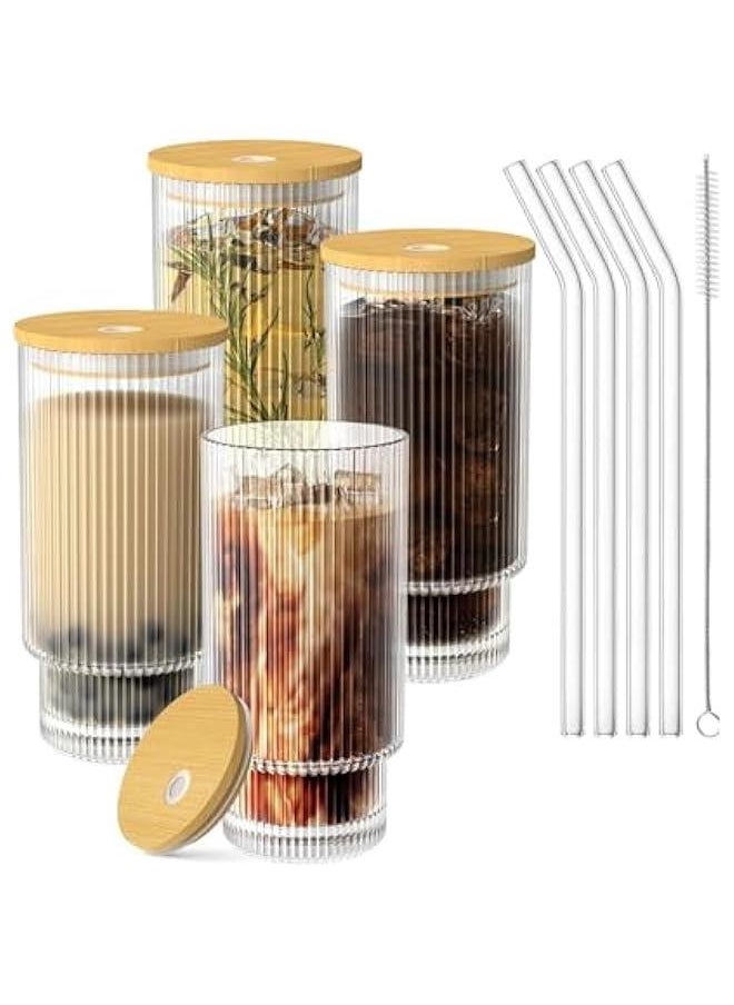HOOKOR Glass Cups with Lid and Straw 4 Set, 11OZ Drinking Glasses for Whiskey Cocktail Beer, Ribbed Glassware Set for Gift  - Image 1