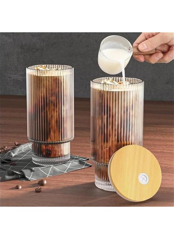 HOOKOR Glass Cups with Lid and Straw 4 Set, 11OZ Drinking Glasses for Whiskey Cocktail Beer, Ribbed Glassware Set for Gift  - Image 2