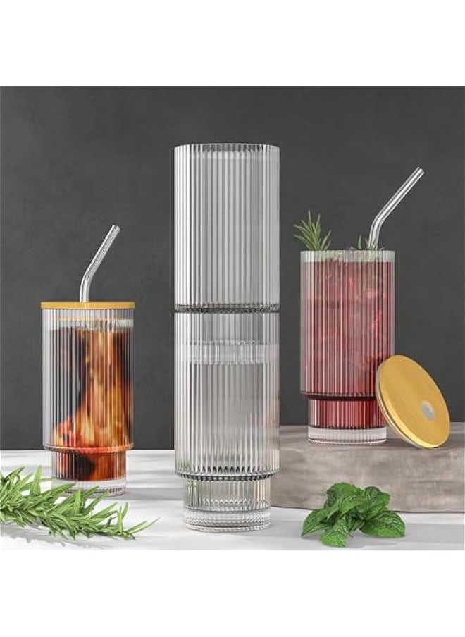 HOOKOR Glass Cups with Lid and Straw 4 Set, 11OZ Drinking Glasses for Whiskey Cocktail Beer, Ribbed Glassware Set for Gift  - Image 3