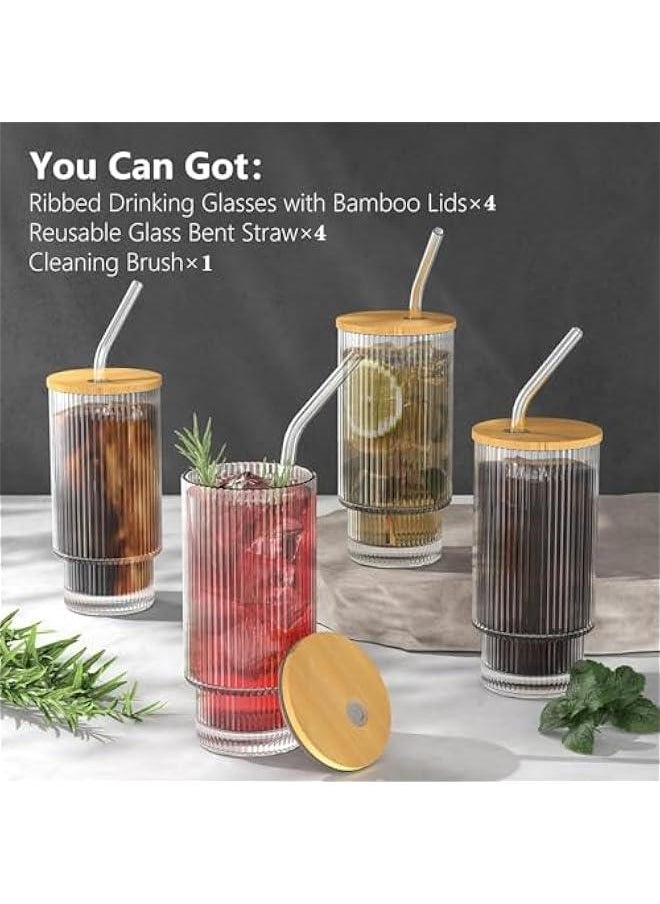 HOOKOR Glass Cups with Lid and Straw 4 Set, 11OZ Drinking Glasses for Whiskey Cocktail Beer, Ribbed Glassware Set for Gift  - Image 4