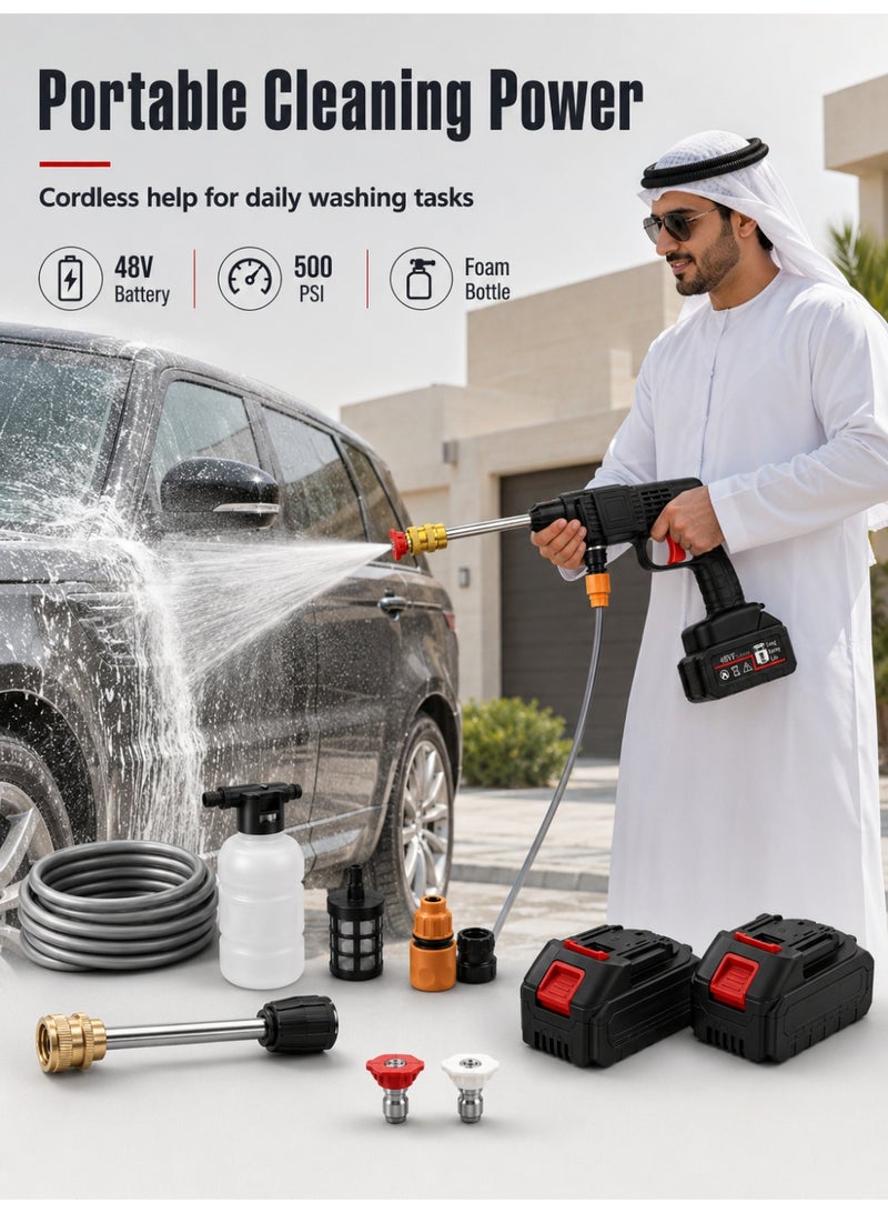 ألونغد غسالة ضغط لاسلكية، أقصى قوة ضغط 500 رطل لكل بوصة مربعة، غسالة ضغط محمولة، بطارية قابلة للشحن 6000 مللي أمبير، غسالة ضغط كهربائية مزودة بفوهات ووعاء رغوة لتنظيف أرضيات السيارات وسقي الزهور - Image 2