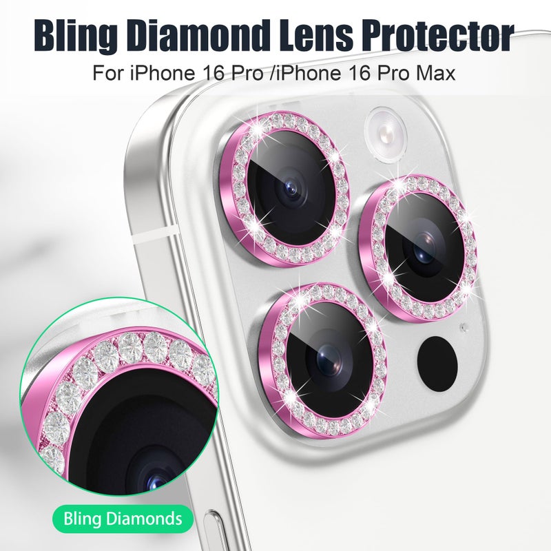 AGVEE 3+3 6 Pack for iPhone 16 Pro 6.3" / 16 Pro Max 6.9" Camera Lens Protector, Bling Diamond & Bling Glitter Metal Ring 9H Tempered HD Glass Camera Cover Film, Bling-Rose - Image 4