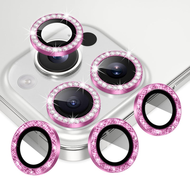 AGVEE 3+3 6 Pack for iPhone 16 Pro 6.3" / 16 Pro Max 6.9" Camera Lens Protector, Bling Diamond & Bling Glitter Metal Ring 9H Tempered HD Glass Camera Cover Film, Bling-Rose - Image 1