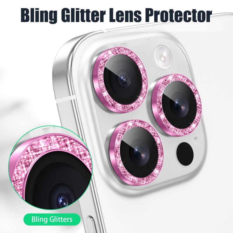 AGVEE 3+3 6 Pack for iPhone 16 Pro 6.3" / 16 Pro Max 6.9" Camera Lens Protector, Bling Diamond & Bling Glitter Metal Ring 9H Tempered HD Glass Camera Cover Film, Bling-Rose - Image 5