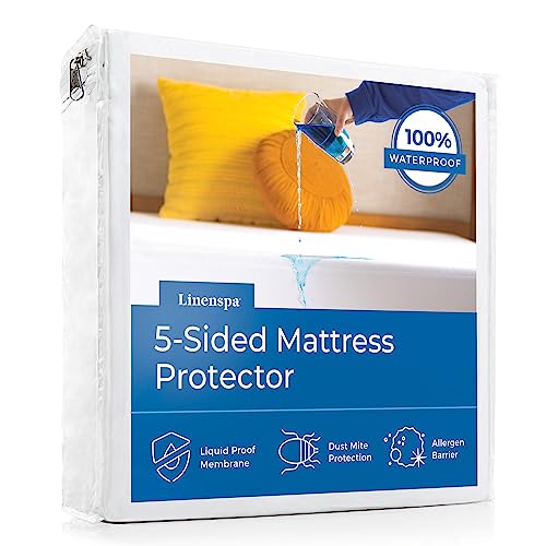 Linenspa 5-Sided Waterproof Mattress Protector – Breathable, Fitted Sheet Style, Machine Washable – Twin Size Mattress Protector, White - Image 1