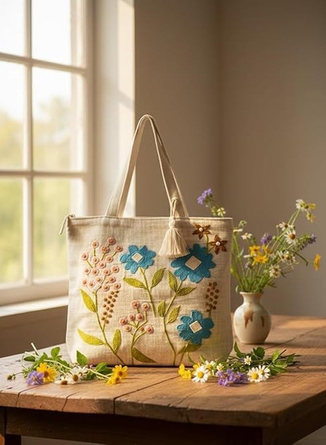 BLENZZA DECO حقيبة كتف وحقيبة يد من قماش الكانفاس القطني الطبيعي من بلينزا ديكو™، مزينة بتطريز عصري، مثالية للنساء، مناسبة للجامعة والتسوق والاستخدام اليومي (16 × 16 بوصة) (التصميم 5) - Image 5