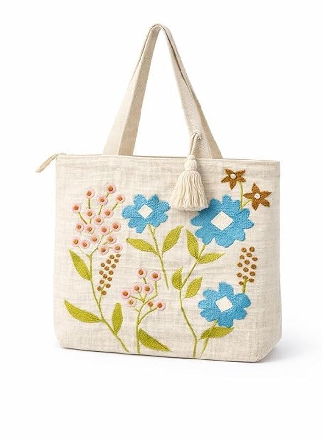 BLENZZA DECO حقيبة كتف وحقيبة يد من قماش الكانفاس القطني الطبيعي من بلينزا ديكو™، مزينة بتطريز عصري، مثالية للنساء، مناسبة للجامعة والتسوق والاستخدام اليومي (16 × 16 بوصة) (التصميم 5) - Image 1