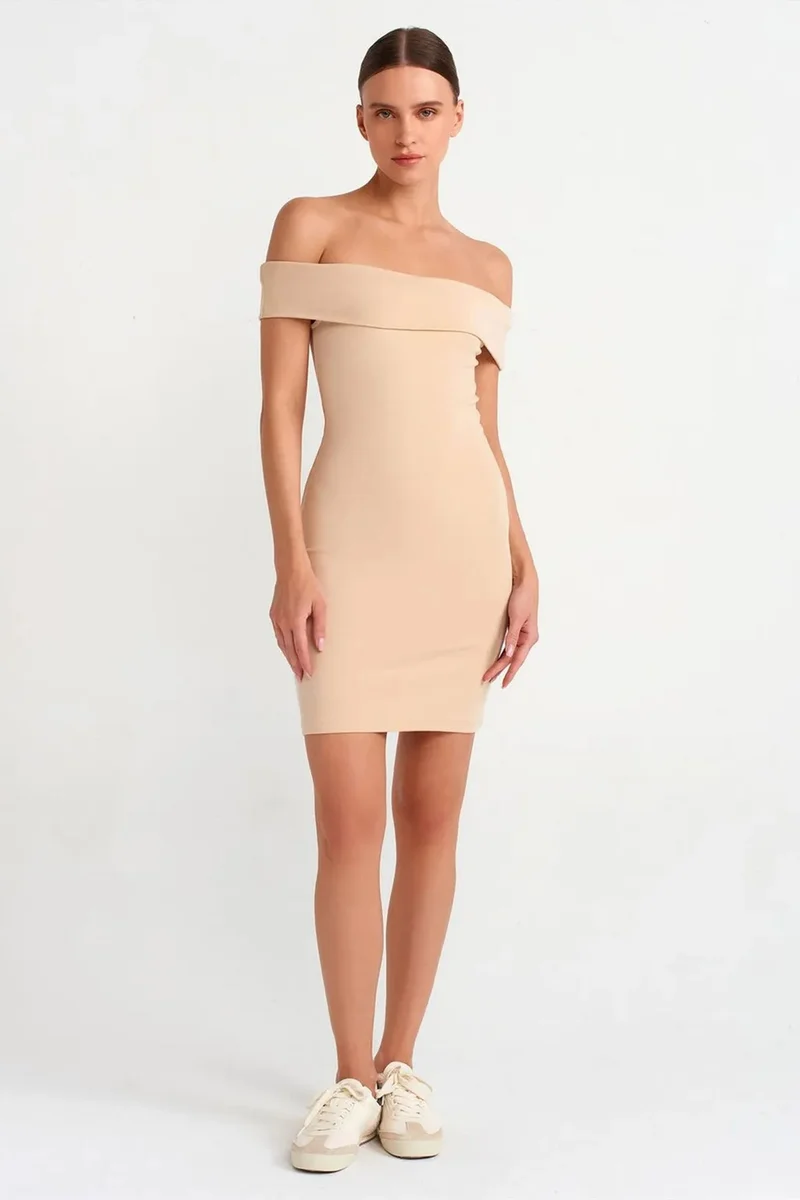 Dilvin Beige Natural DILVIN Bodycon Mini Dress With Off-shoulder Neckline for Women | Best Price UAE