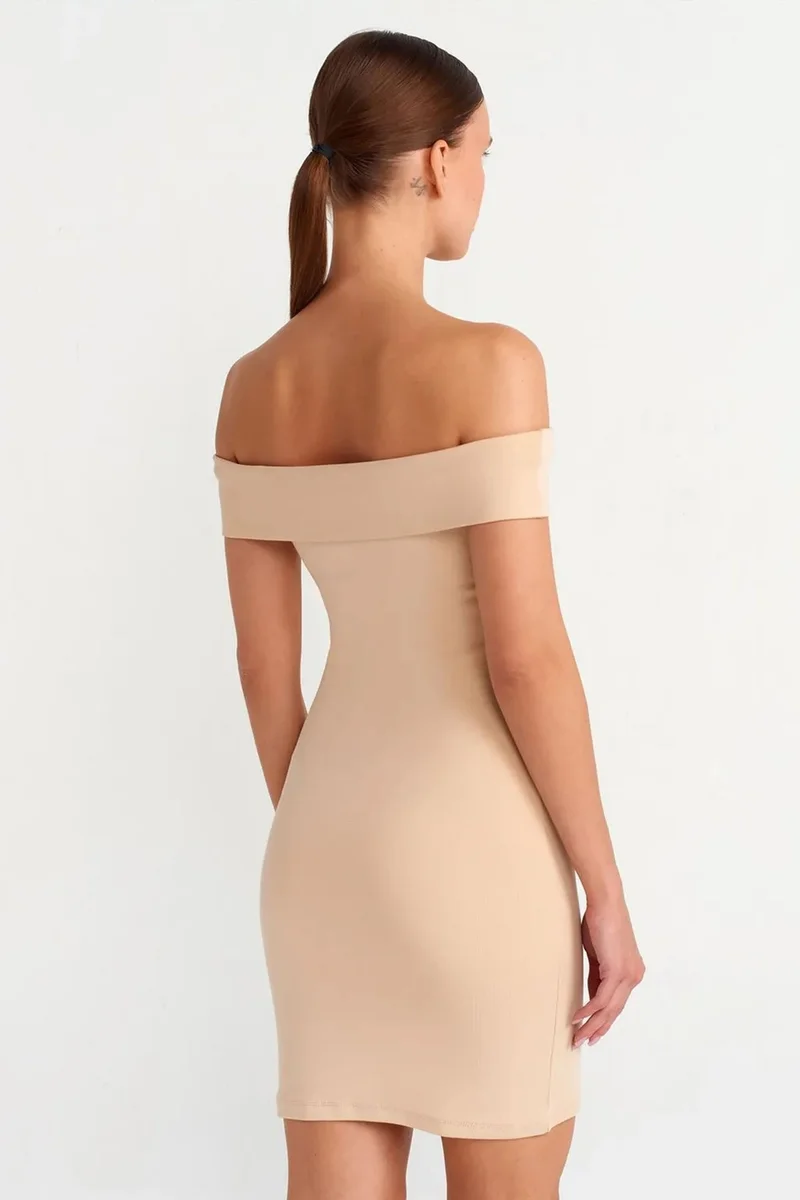 Dilvin Beige Natural DILVIN Bodycon Mini Dress With Off-shoulder Neckline for Women | Best Price UAE