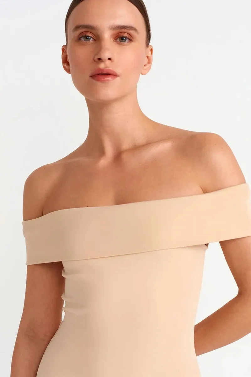 Dilvin Beige Natural DILVIN Bodycon Mini Dress With Off-shoulder Neckline for Women | Best Price UAE